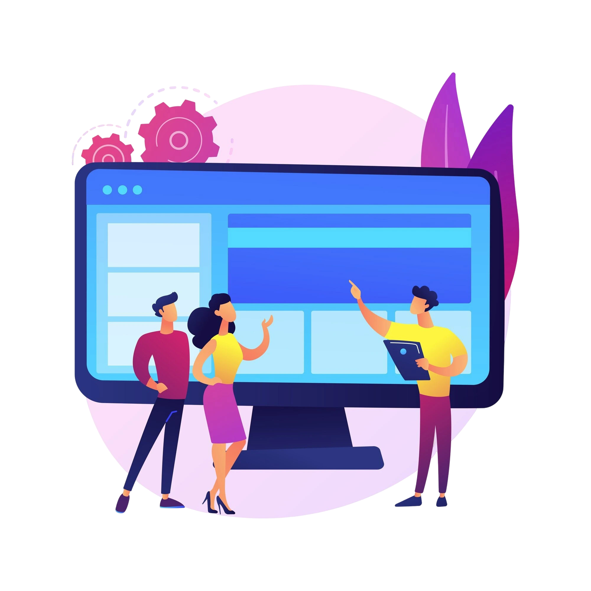 Illustration of a professional team engineering digital solutions on a large monitor