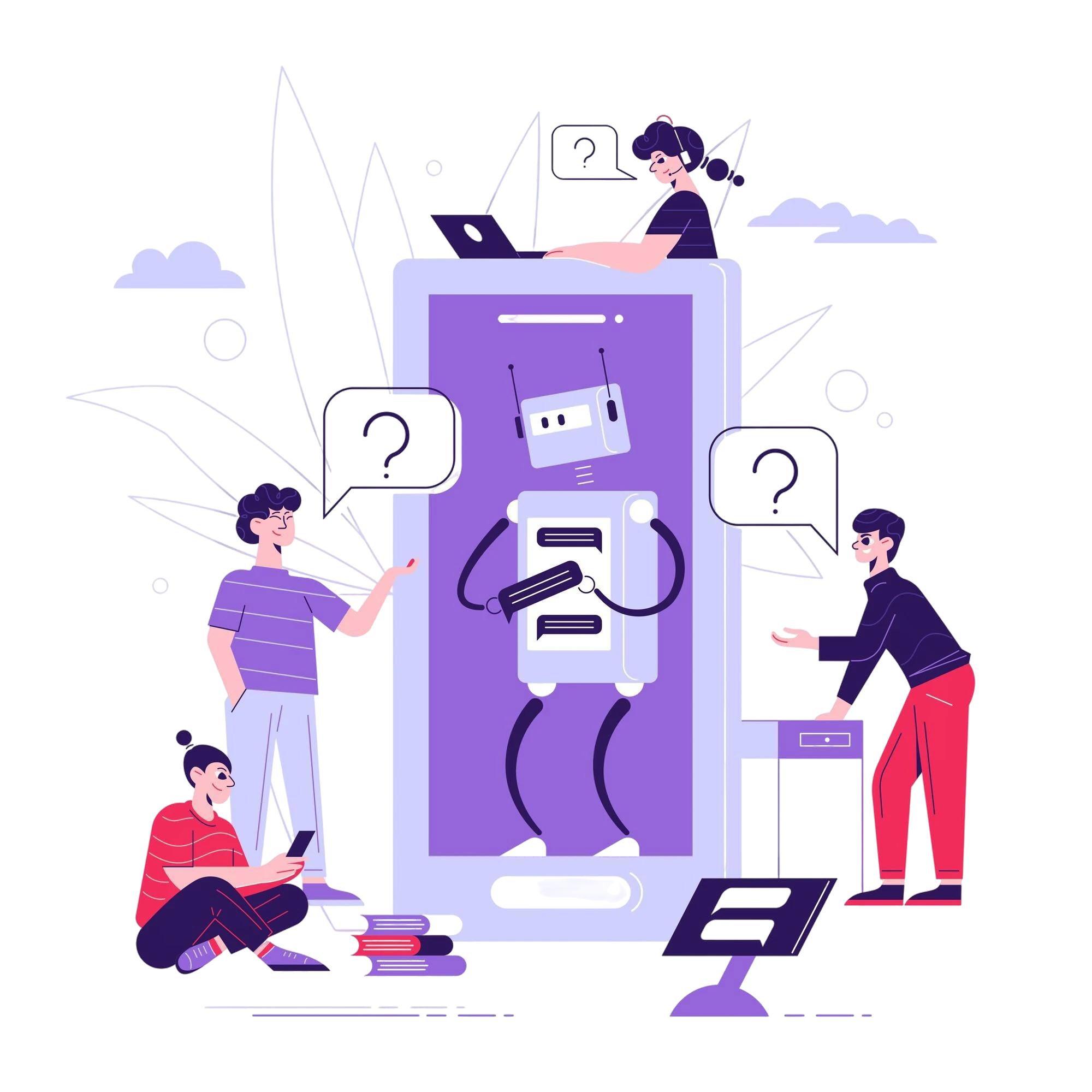 Illustration showing a brand's presence across AI assistants, social media, and mobile devices